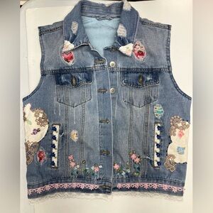 Women’s Denim Vest, Medium, Handsewn, Multicolored, Floral/Lace/Embellished